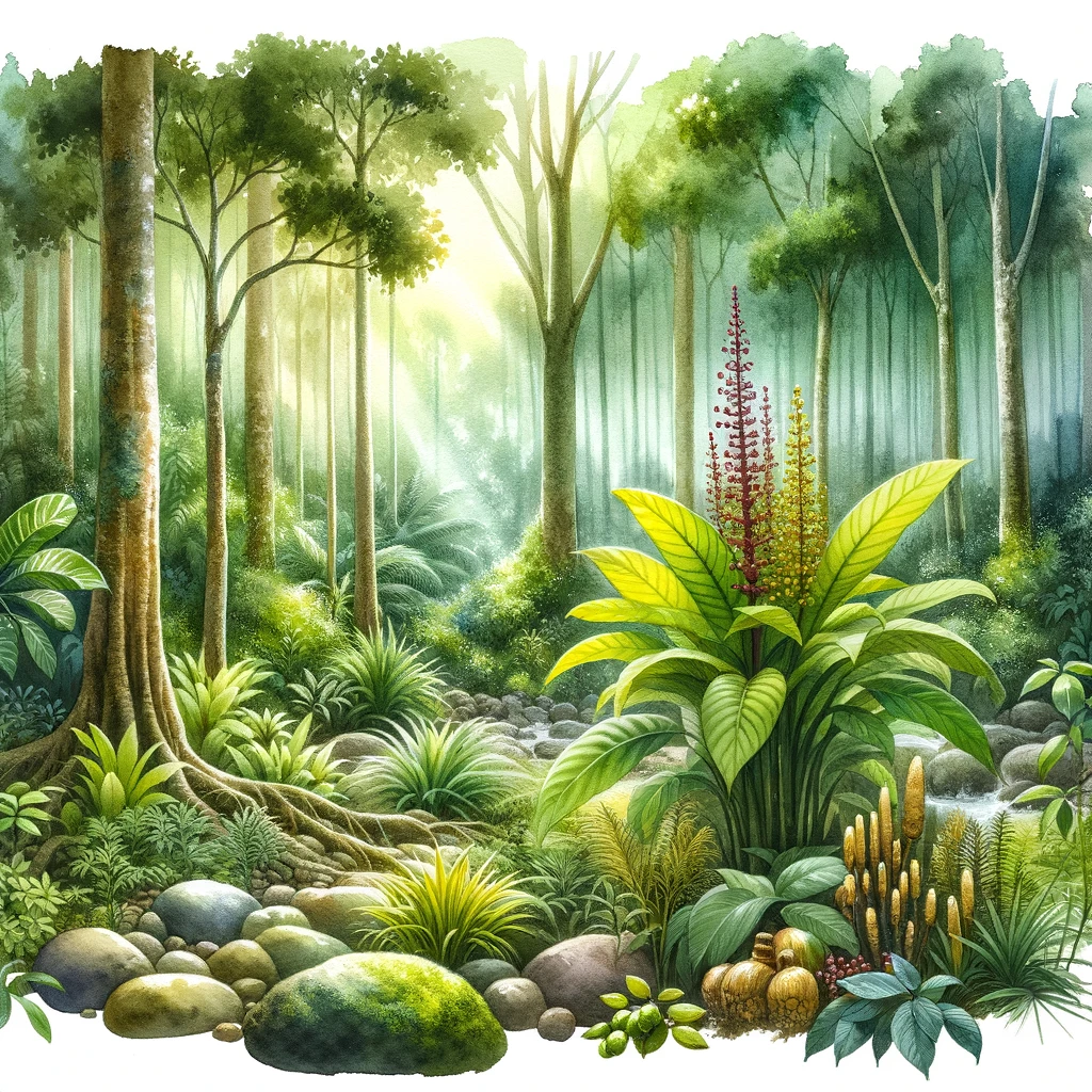 DALL·E 2023-10-17 17.59.30 - Watercolor painting of a serene forest setting with various plants and the highlighted Tongkat Ali plant standing out, ideal for introducing the natur